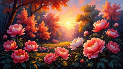 Fototapeta premium Peony Garden at Sunset