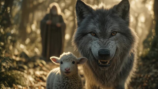 Jesus walks in the forest while a wolf and a sheep stand together in a natural setting with sunlight shining through the trees