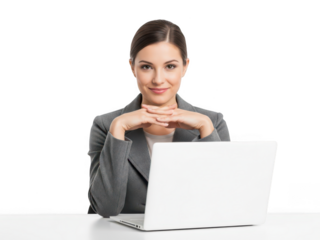 Businesswoman presenting with laptop isolated on transparent background