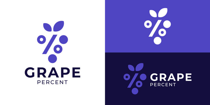 Creative simple grape percent logo template. Grape wine with percent symbol logo design vector illustration.