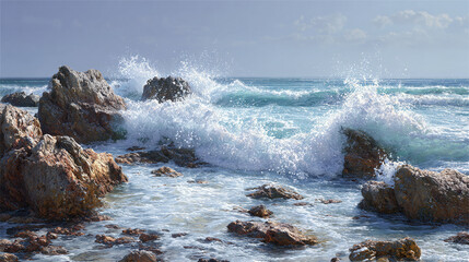 Powerful waves crashing against the rocky shore with the sun shining
