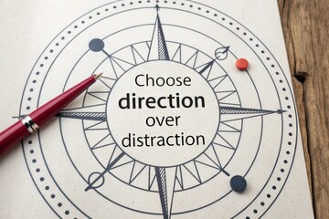 Compass design with 'Choose direction over distraction' text and a pen, representing focused navigation and mindful decision making.