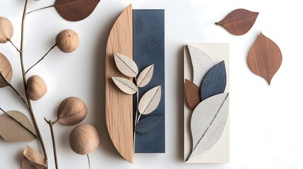 Minimal wooden bookmark and wall decor with layered leaf shapes in neutral tones on white background for modern stationery design and minimal interior, Natural wood bookmarks with abstract leaf layers