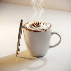 Steaming coffee mug with pen