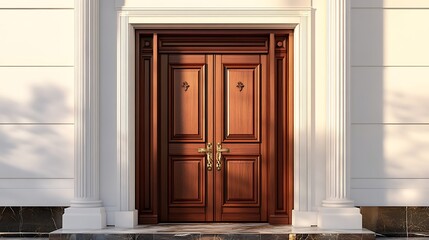 Elegant wooden double doors with gold hardware and white columns