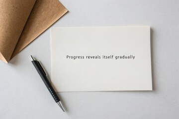 Progress reveals itself gradually message on a clean flat lay with pen and envelope
