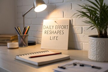 Softly lit desk with a motivational quote card and notebook, encouraging daily effort and life transformation
