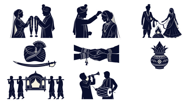Silhouette indian wedding couple vector icon set featuring bride groom rituals like varmala sindoor pheras and traditional symbols turban sword palanquin in dark blue illustration