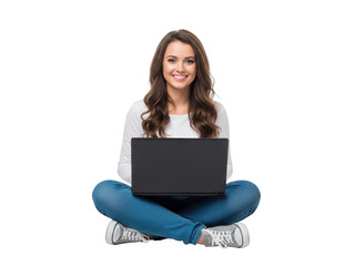Fototapeta premium Young woman sitting with laptop isolated on transparent background