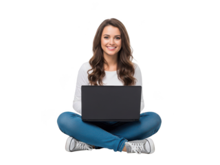 Young woman sitting with laptop isolated on transparent background