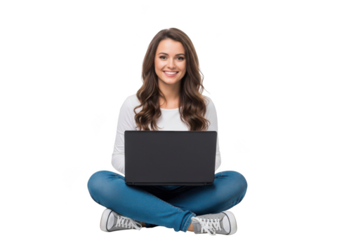 Young woman sitting with laptop isolated on transparent background - Powered by Adobe