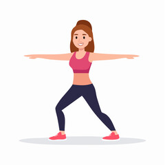 Woman practicing yoga, stretching in warrior pose, active lifestyle, sporty girl exercising and fitness training in sportswear, indoor cartoon character