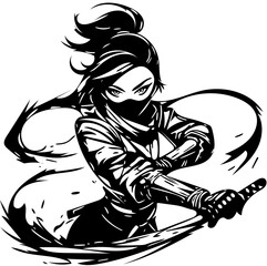 Fototapeta premium Graphic illustration of a determined female warrior with a katana, ready for battle