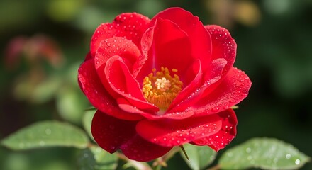 Vibrant red rose with dew drops in soft focus garden background