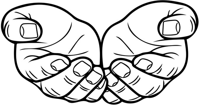 Detailed black and white line art illustration of two open cupped hands presenting an empty space, symbolizing concepts of offering, receiving, or support in a simple graphic form