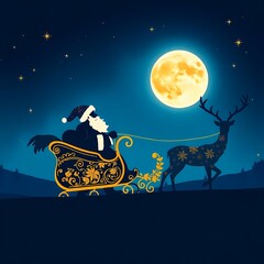 Christmas night scene with Santa in front of the moon