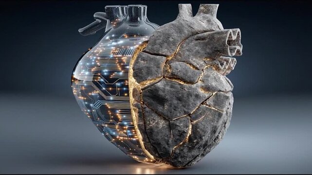 Conceptual human heart split in half: transparent digital glass with glowing circuits vs cracked grey stone rock. 3D illustration of cardiology, heart disease, artificial organ
