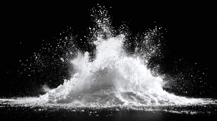 A dynamic splash of white powder against a dark backdrop, creating a visually striking and energetic effect. The particles are suspended mid-air, indicating high speed