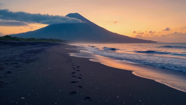 Beautiful sunset beach scene with a volcanic mountain in the background.