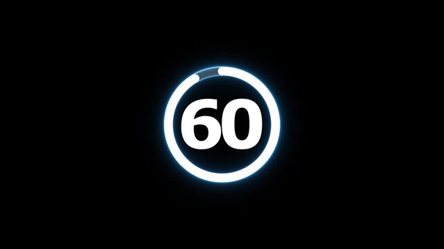 Circle countdown timer animation from 65 to 0 second animation on black background with alpha channel, 65 second countdown timer, special offers on promotional materials. Countdown video 4k video