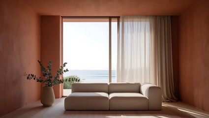 Modern living room with beige couch and ocean view through large window
