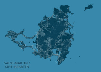 The image shows a detailed map of Saint-Martin / Sint Maarten. The map is rendered in shades of blue, with the landmass depicted in a darker blue and the surrounding ocean in a lighter blue.