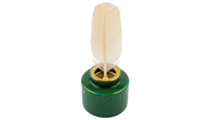 Isolated Feather quill and green inkwell, writing concept, antique tool, gold color, traditional