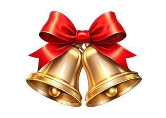 Pair of golden christmas bells with red ribbon isolated on white background