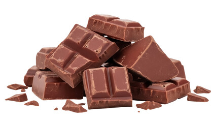 Isolated stacked chocolate chunks with broken pieces ready to be savored for dessert