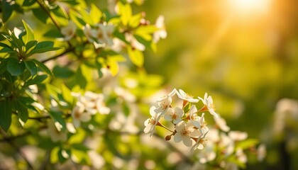 Gentle out-of-focus backdrop of fresh green leaves, blossoming flowers, and warm sunlight, evoking a peaceful spring atmosphere,  wallpaper,  floral
