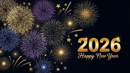Gold and purple fireworks exploding on black background with 2026 Happy New Year text celebration