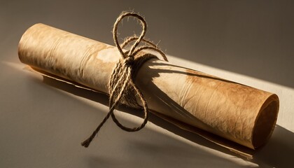 Rolled parchment paper tied with twine, aged textured surface and warm soft lighting, realistic vintage still life placed on a neutral background, evoking history, writing, and classic craftsmanship.
