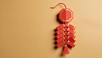 Vibrant red Chinese lucky charm with gold accents on beige background