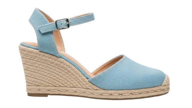 Isolated blue espadrille wedge shoe with ankle strap, fashion footwear for spring or summer