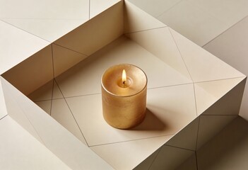 Warm golden candle in modern geometric setting