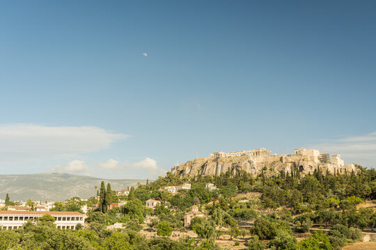 Ancient acropolis in athens with clear blue sky