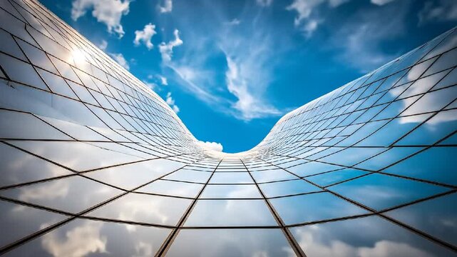 Dynamic, low-angle view of a futuristic glass facade curving sharply upward, creating a V-shape against the bright blue, cloudy sky. Sunlight reflects brightly off the modern, gridded panels.