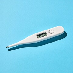 Digital thermometer on blue background for health monitoring