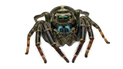 Isolated Peacock Jumping Spider close-up, a small arachnid with bright turquoise, emerald green eyes