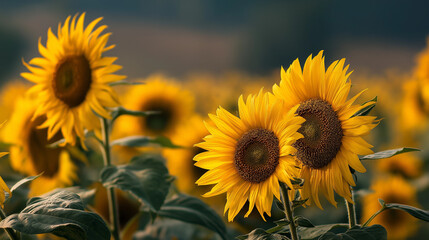 capitulate. Sunflowers swaying in a field during golden hour, nature scene. gardening catalogs, home-decor guides, designed for home decor and floral branding and gardening and botanical catalogs.