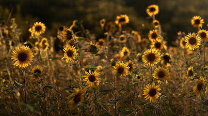 capitulate. Sunflowers swaying in a field during golden hour, nature scene. gardening catalogs, home-decor guides, designed for home decor and floral branding and gardening and botanical catalogs.