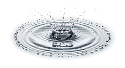 Water droplet creating a crown splash and ripples on a white background