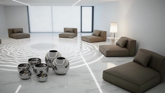 Modern minimalist lounge interior showcasing luxurious modular seating, reflective marble floors with unique ripple light patterns, and elegant metallic decor, embodying contemporary upscale design