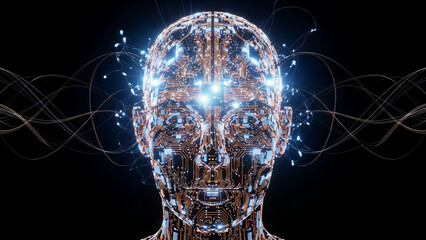 Artificial intelligence mind with glowing circuit patterns and data flow representing advanced computing