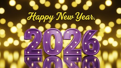 Purple 2026 New Year sign with yellow lights marquee