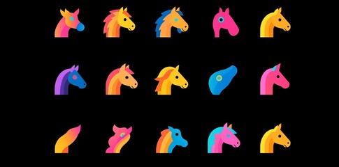 The Horse zodiac sign icon is depicted in a modern illustration isolated on a black and white background within a collection of astrological horoscopes