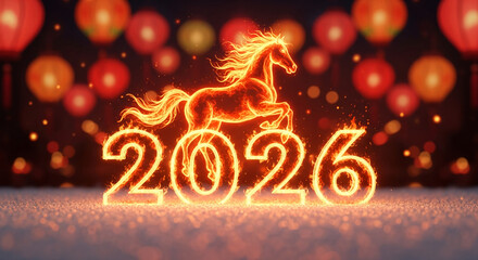 Fiery horse above 2026, glowing numerals. Symbolizes Chinese New Year, zodiac, representing energy, motion, and celebration, perfect for oriental events