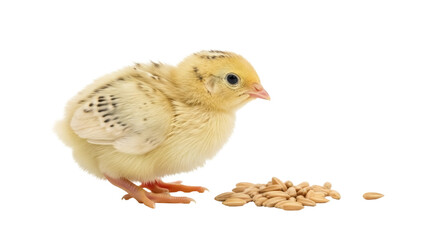 Isolated young quail chick with seeds in studio shot for food theme, animal concept