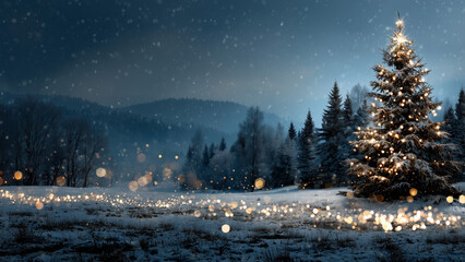 Night winter scene with sparkling Christmas tree and golden bokeh lights