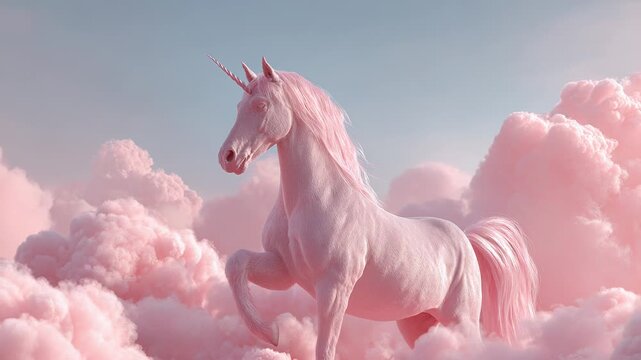 Pink unicorn galloping through fluffy clouds